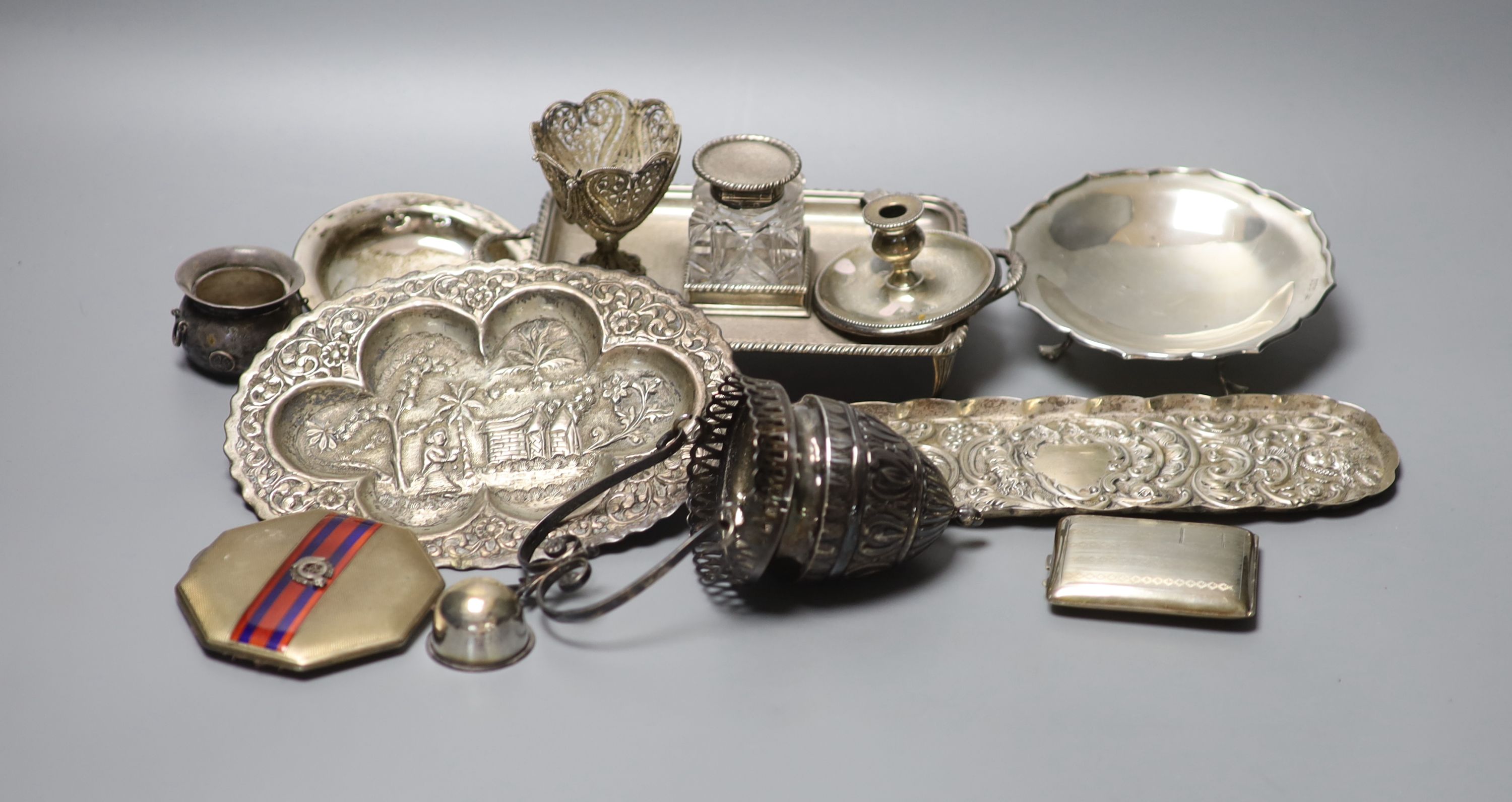 A Victorian silver inkstand, London, 1895, 19.1cm and sundry small silver etc. including taperstick, compact etc.